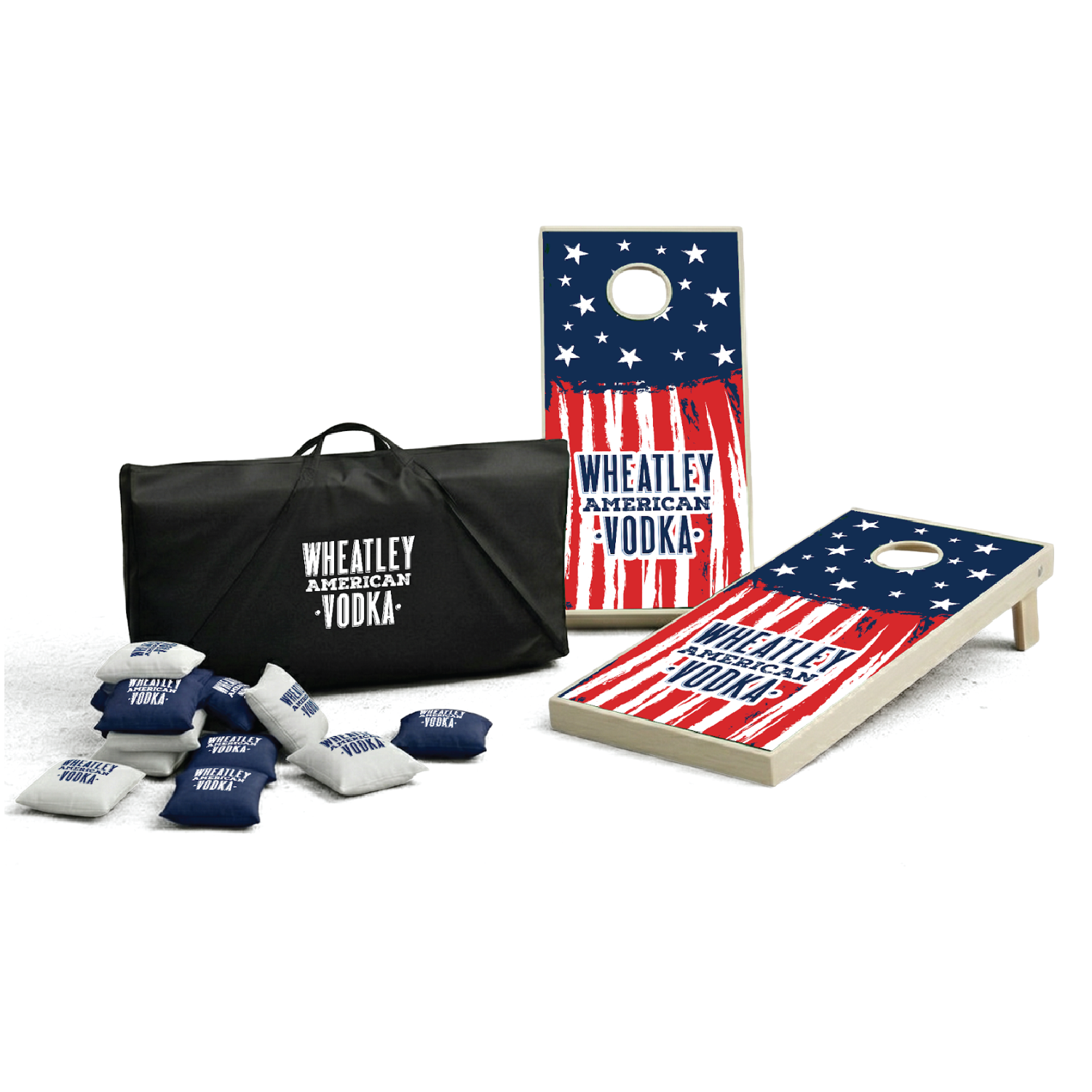 Regulation cornhole with imprinted bags and carry case